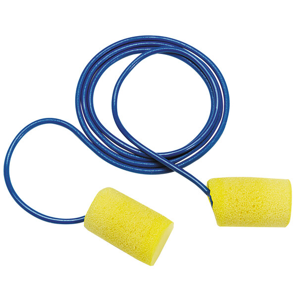 3M E-A-R Classic Metal Detectable earplugs with a blue cord and yellow foam tips.