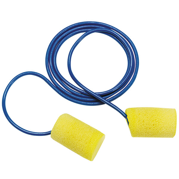 A pair of yellow earplugs connected by a blue cord.