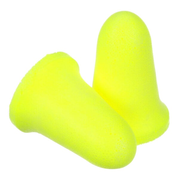 A pair of yellow 3M E-A-Rsoft FX foam earplugs.