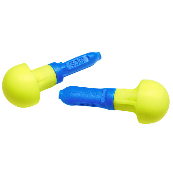 Two yellow and blue foam 3M E-A-R Push-Ins Earplugs.