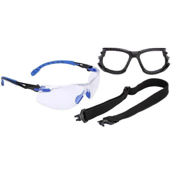 3M Solus safety glasses with blue and black straps and foam accessories.