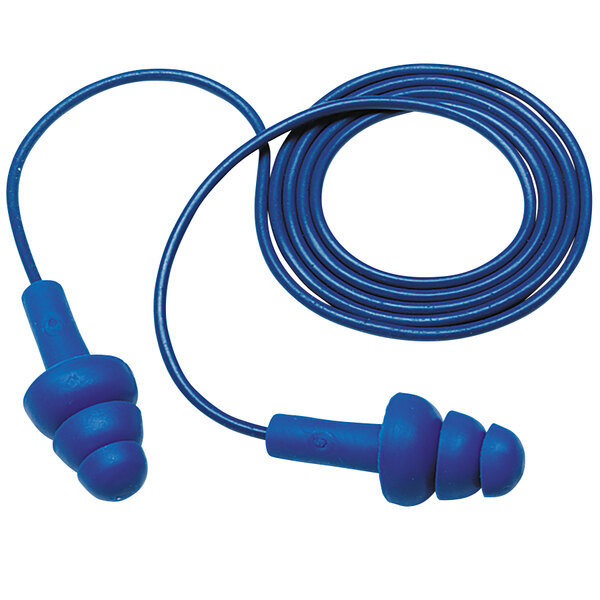A pair of blue 3M UltraFit metal detectable corded earplugs.