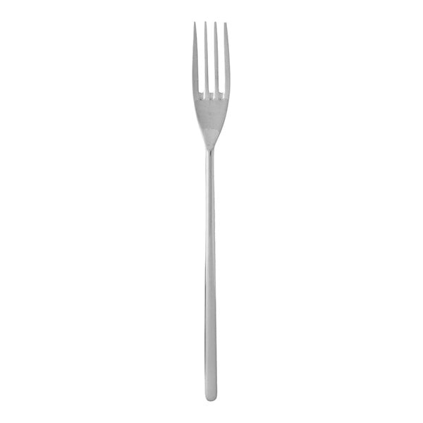 A silver Fortessa Dragonfly appetizer/cake fork with a white background.