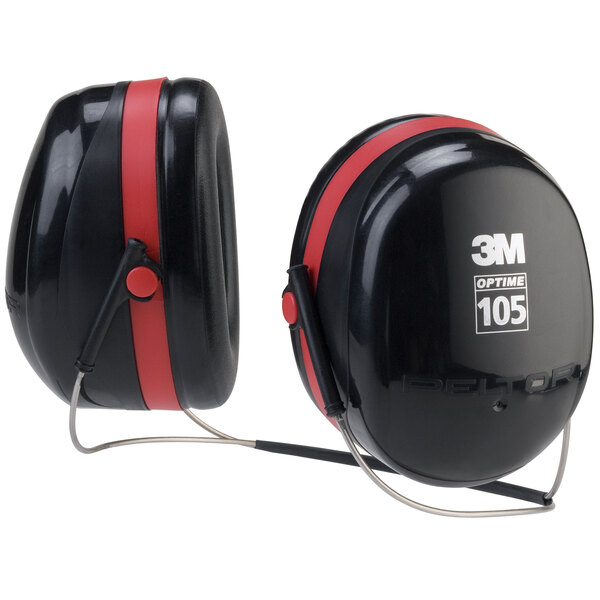 A pair of 3M™ PELTOR™ safety earmuffs with earhooks.