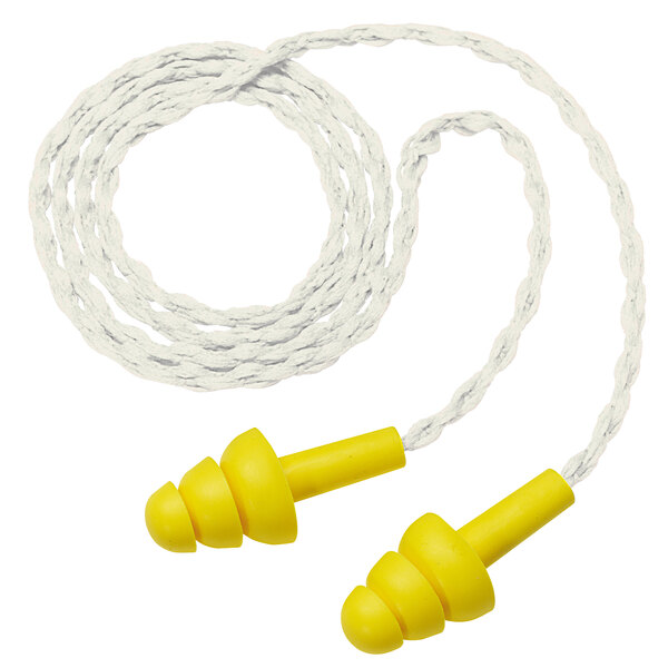 A pair of yellow 3M UltraFit earplugs with white cords.