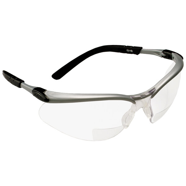 3M safety glasses with clear lenses and black frames.