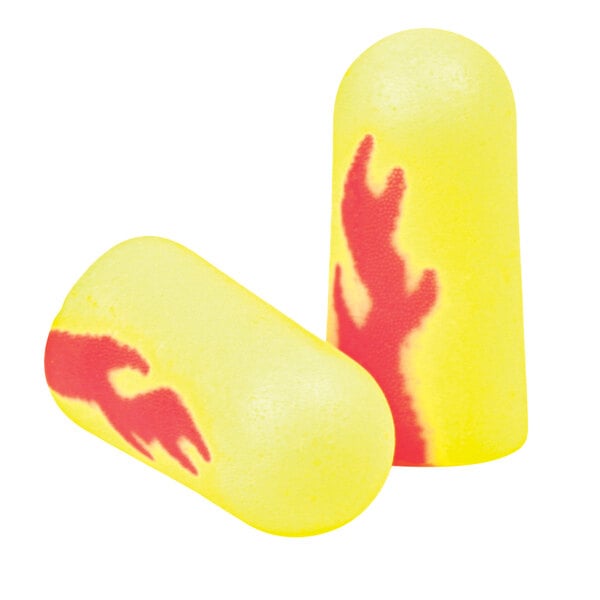 Two yellow 3M E-A-Rsoft foam earplugs with red flames.