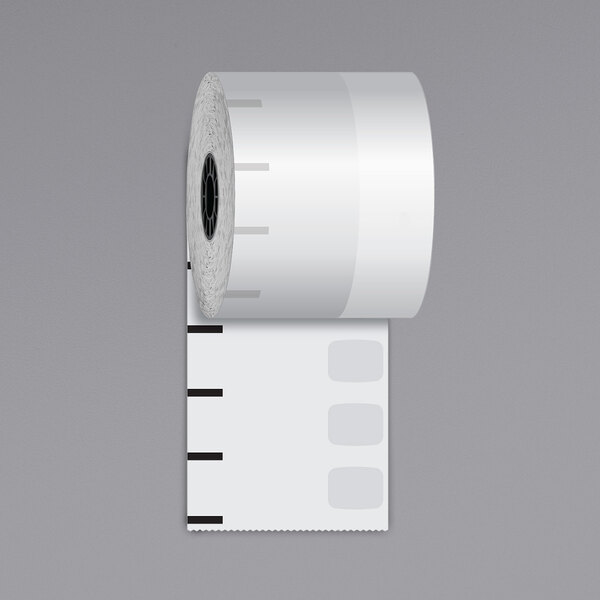 A roll of Iconex white media linerless paper with a circular design window.