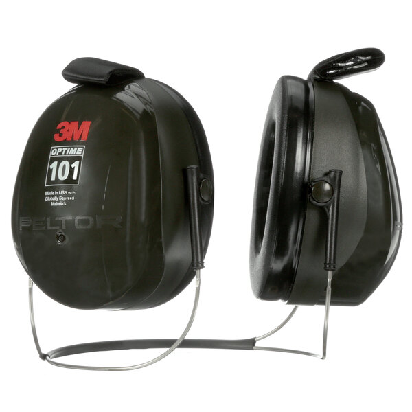 3M PELTOR Optime 101 black and green behind-the-head ear muffs with a black strap.