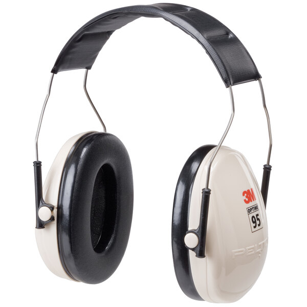 A pair of 3M PELTOR Optime 95 over-the-head earmuffs in black and beige.