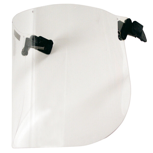 A clear 3M face shield with black clips.