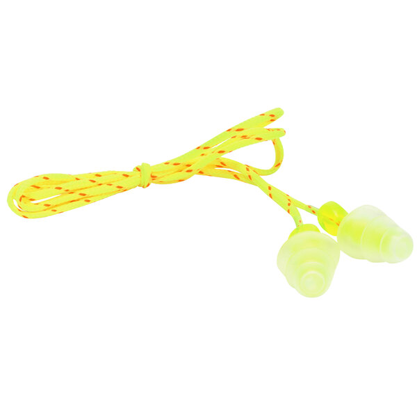 3M yellow corded earplugs with a yellow cord.