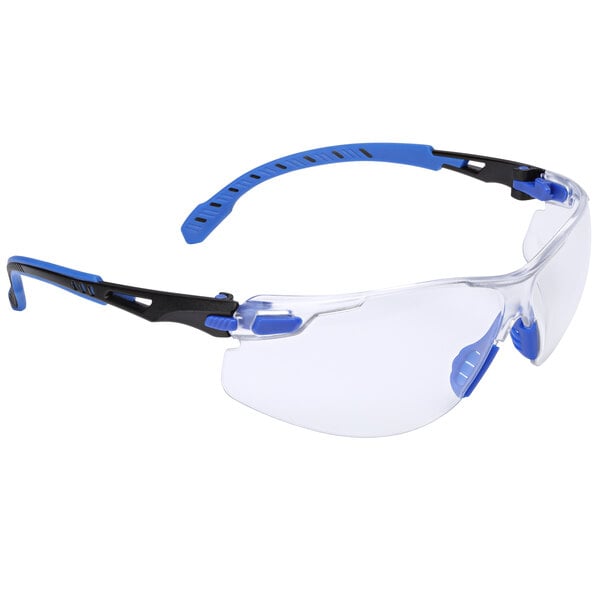 A pair of 3M Solus safety glasses with blue and black frames and clear lenses.