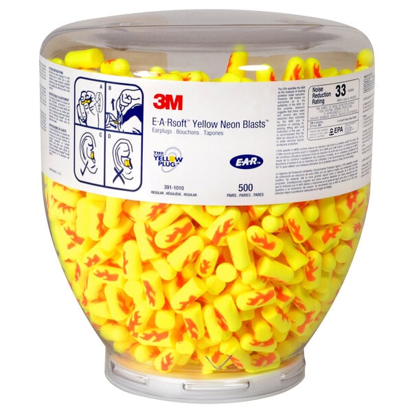 A container of 3M E-A-Rsoft Yellow Neon Blasts Uncorded Foam Earplugs.