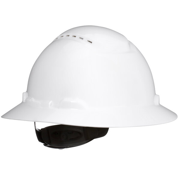 A white 3M full brim hard hat with a black 4-point ratchet suspension.