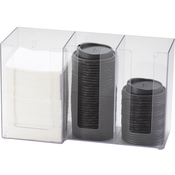 A clear plastic Cal-Mil countertop organizer with three sections for cups, lids, and napkins.