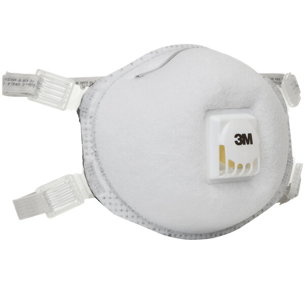 A 3M white N95 face mask with a Cool Flow valve and white filter.
