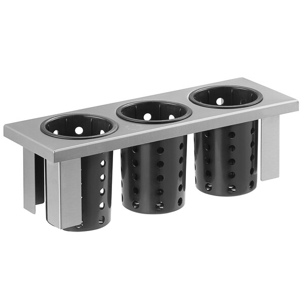 A Steril-Sil stainless steel drop-in flatware holder with black plastic cylinders with holes.