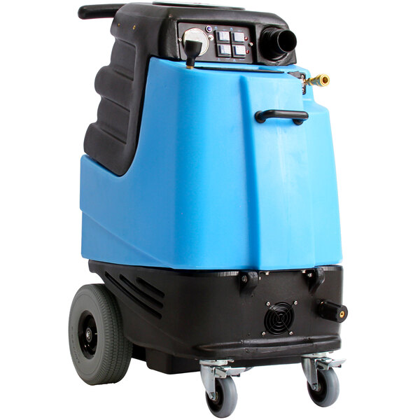 A blue and black Mytee Speedster carpet extractor machine with wheels.