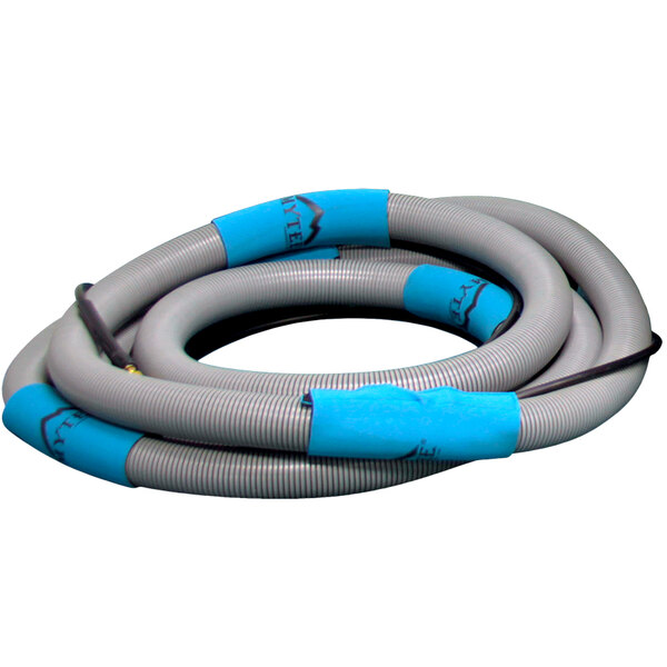 A coiled grey and blue Mytee vacuum and solution hose combo with a blue handle.
