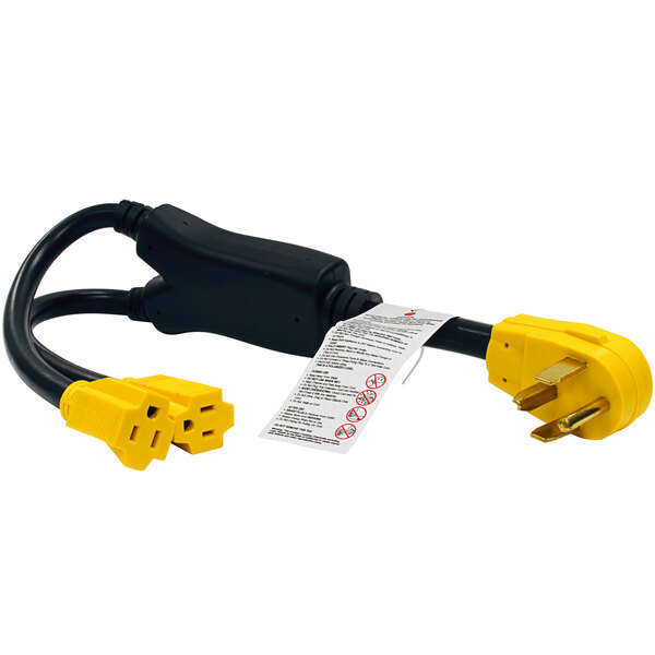 A black and yellow power cord with a yellow plug.
