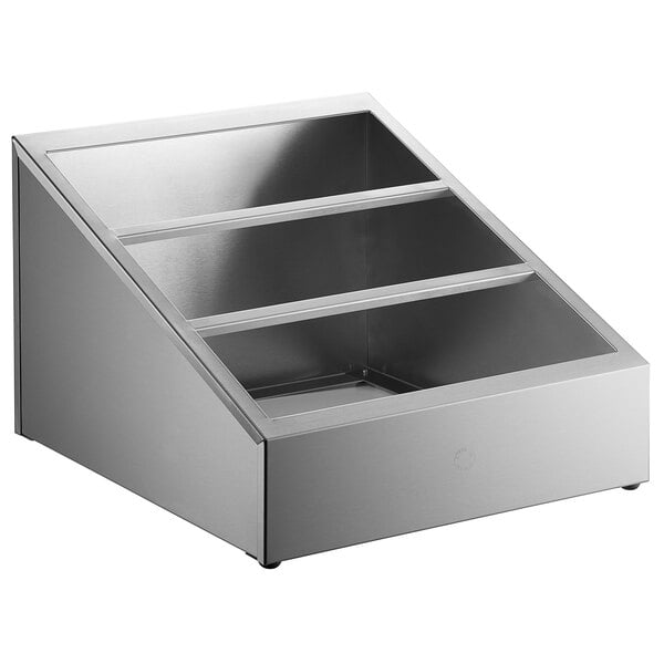 A silver stainless steel countertop condiment dispenser with three shelves.