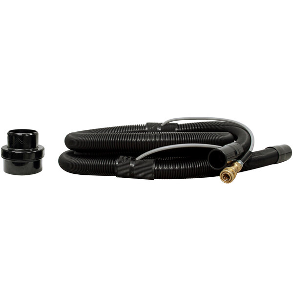 A black Mytee hose with gold and black connectors.