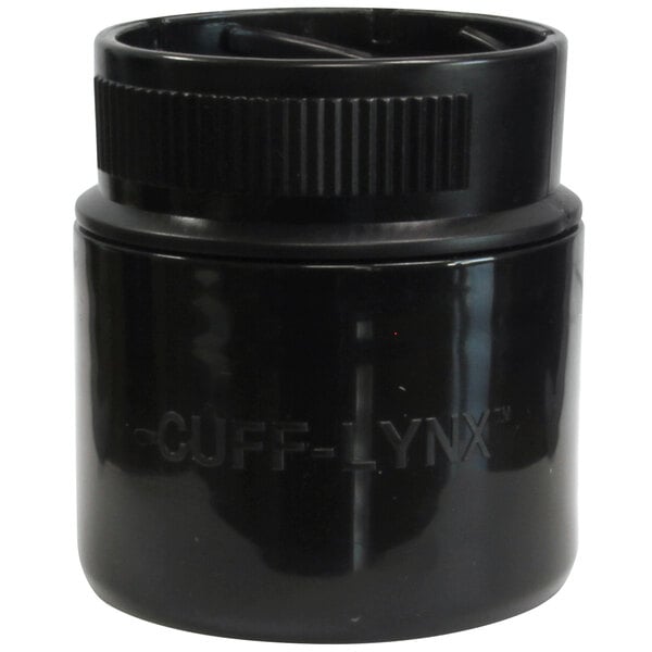 A black plastic cap with the word Cuff-Lynx on it.