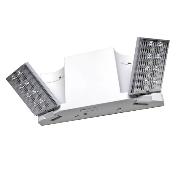 A white rectangular Lavex dual head emergency light with two lights.