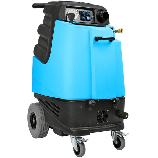 A blue and black Mytee 1003DX Speedster carpet extractor on wheels with buttons and knobs.