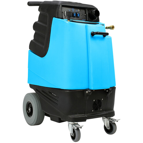 A blue and black Mytee Speedster carpet extractor machine on wheels.