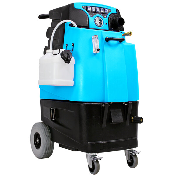 A blue and black Mytee LTD3 Speedster carpet extractor on wheels with a white canister.