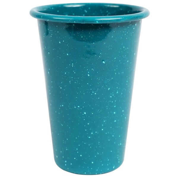 A turquoise Crow Canyon Home enamelware tumbler with a speckled surface.