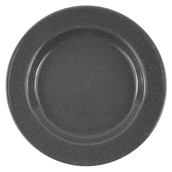 A grey speckled Crow Canyon Home Stinson enamelware salad plate with a wide rim.