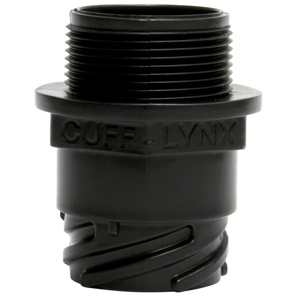 A black vinyl male pipe fitting with a black cap.