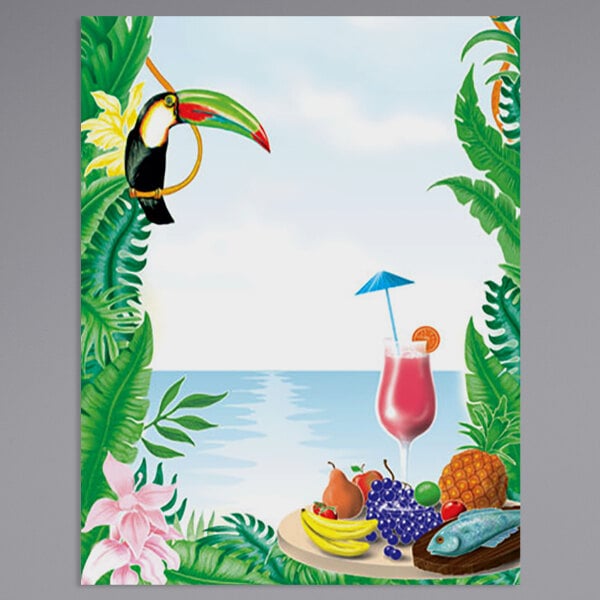 Menu paper with a tropical themed toucan design on a white background.
