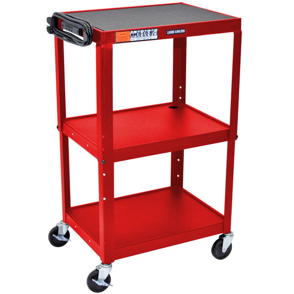 A red metal Luxor AV utility cart with three shelves and black wheels.