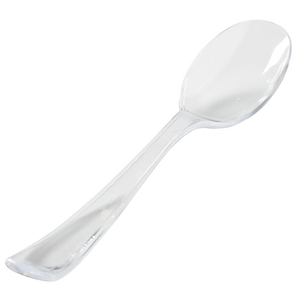 A close-up of a clear Fineline disposable serving spoon.