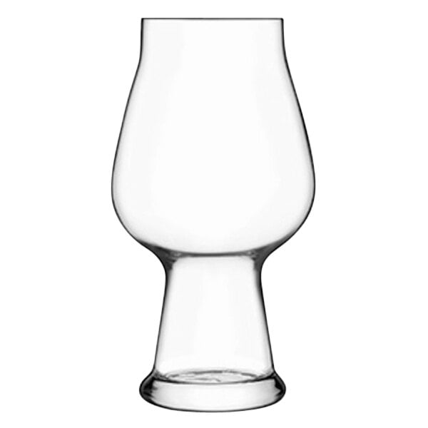 A Luigi Bormioli Stout Glass with a clear bowl and stem and a black band.
