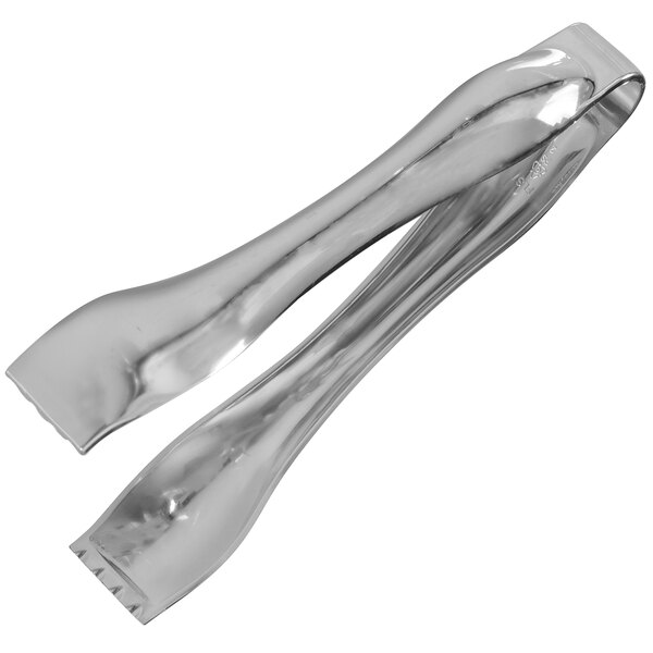 A silver plastic serrated tongs on a white background.