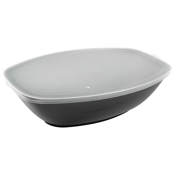 A clear polypropylene flat oval bowl lid on a plastic container.