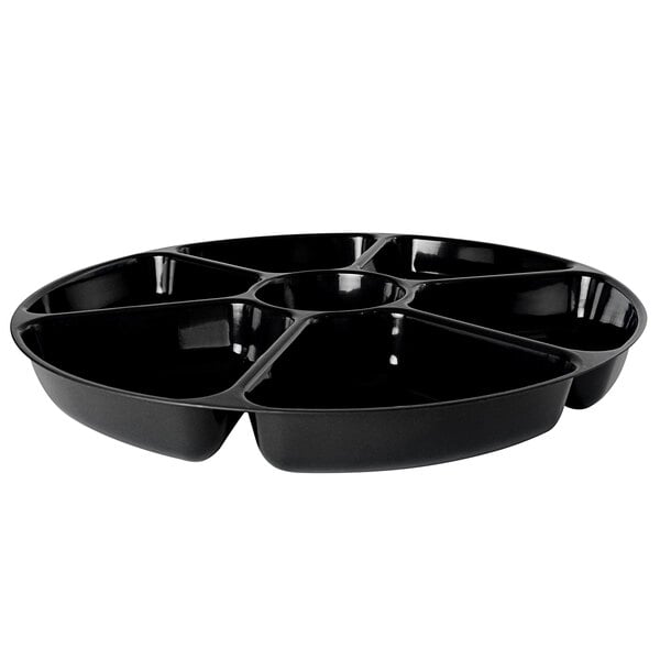 A Fineline black plastic round tray with 7 compartments.