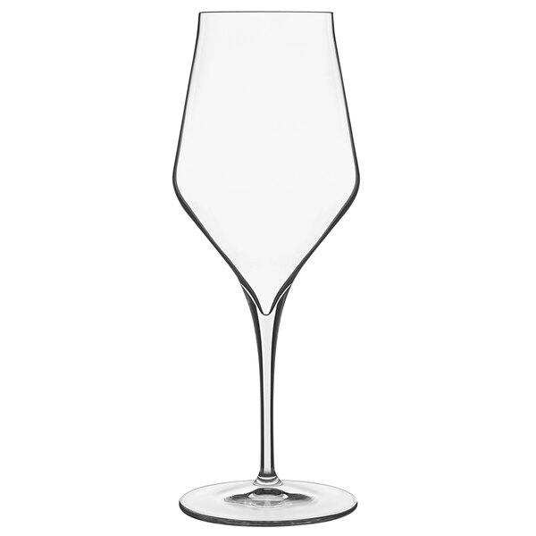 A Luigi Bormioli Supremo Chianti wine glass with a thin black stem on a white background.