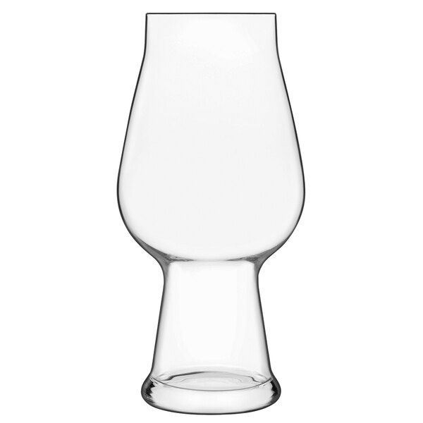A Luigi Bormioli Birrateque IPA glass with a tall stem and curved bottom.
