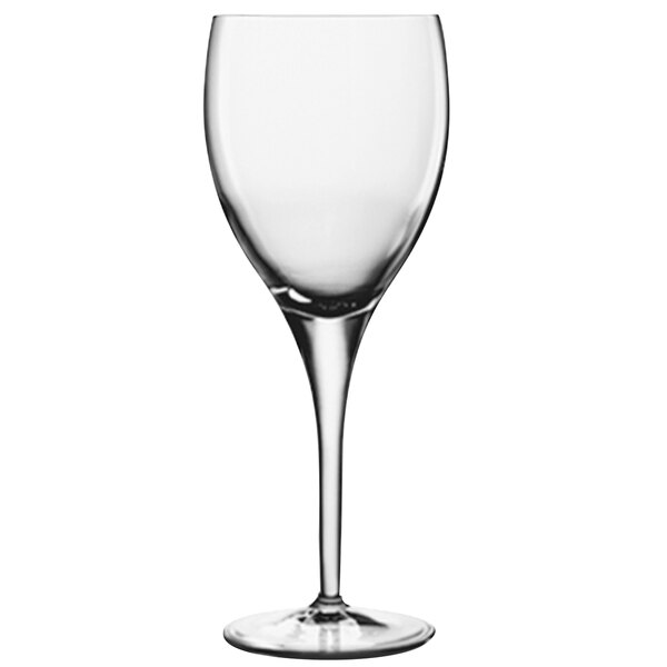 A close-up of a Luigi Bormioli Michelangelo Chardonnay wine glass with a long stem.