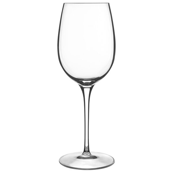 A close-up of a Luigi Bormioli Fragrante wine glass with a long stem.