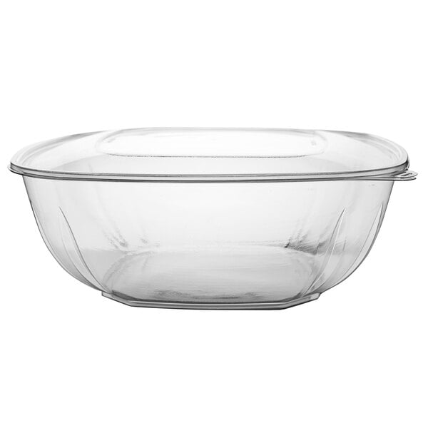 A clear plastic Fineline bowl with a lid.