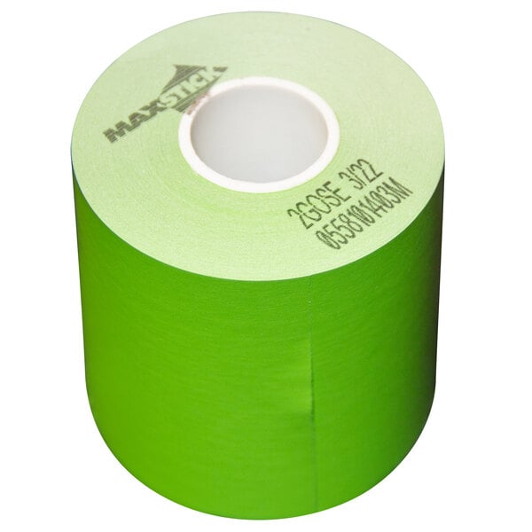 A green roll of MAXStick side-edge adhesive label paper.