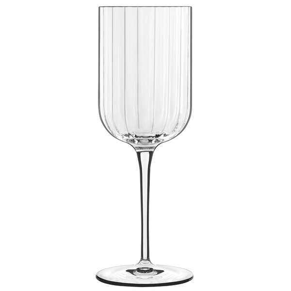A Luigi Bormioli clear wine glass with a stem.