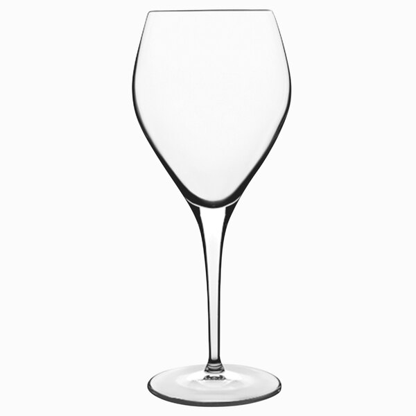 A close-up of a Luigi Bormioli Atelier red wine glass with a stem on a white background.